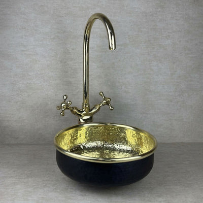 Hammered Brass Vessel Bathroom Sink – Black Round Basin