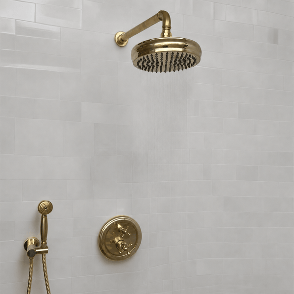 Unlacquered Brass Shower System — Adjustable Rainfall Showerhead