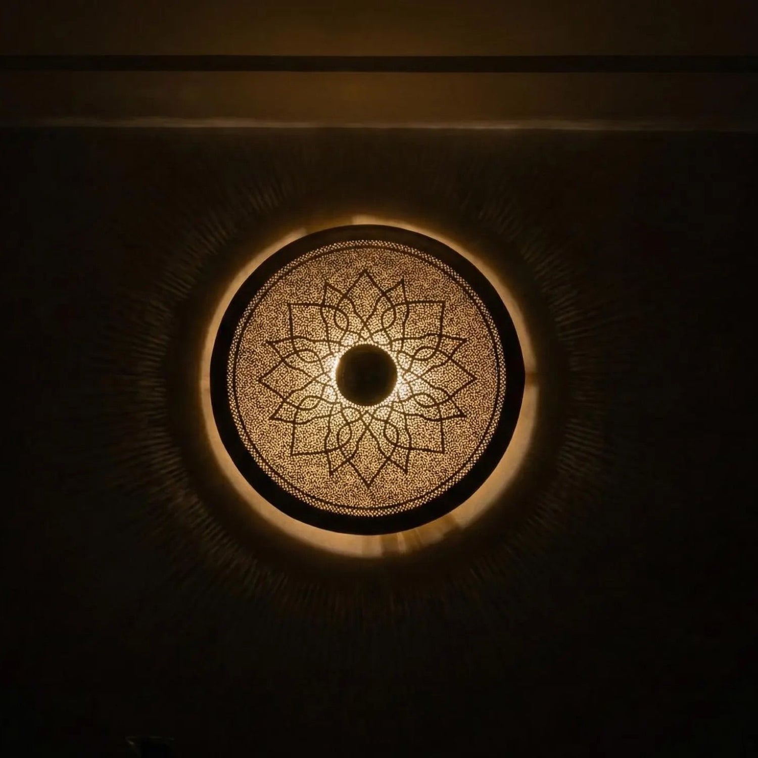 Handcrafted Round Brass Wall Light – Moroccan Engraved Sconce