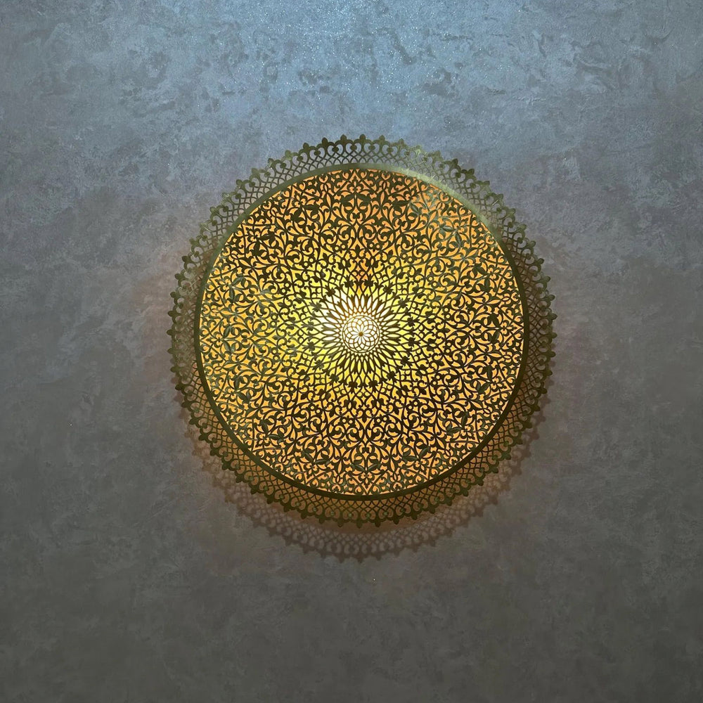 Handcrafted Round Brass Wall Light – Moroccan Engraved Sconce - Northgrove Partners