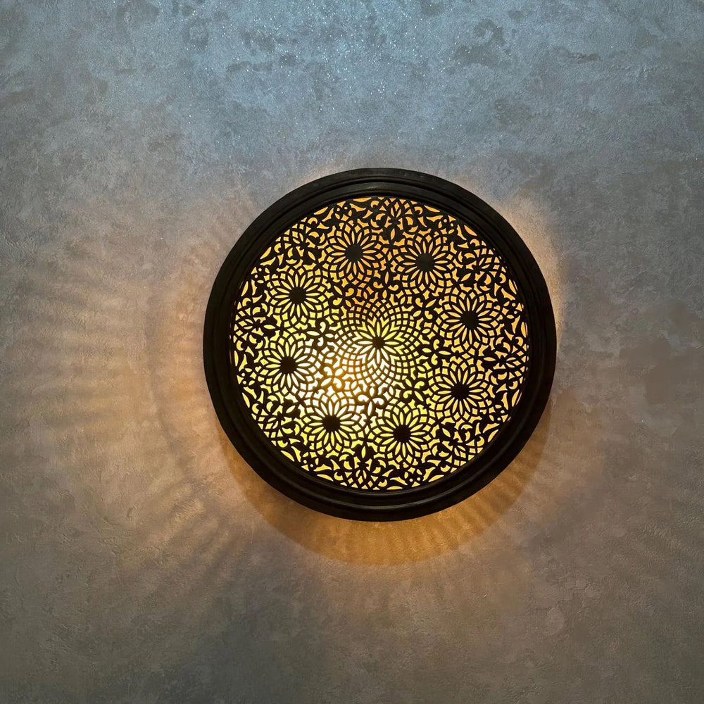 Handcrafted Round Brass Sconce – Engraved Moroccan Wall Light - Northgrove Partners