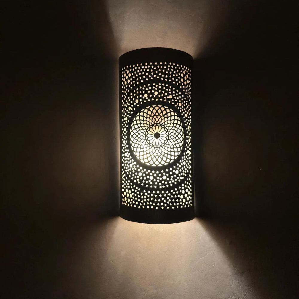 Handcrafted Cylindrical Brass Wall Lamp – Moroccan Filigree Sconce - Northgrove Partners