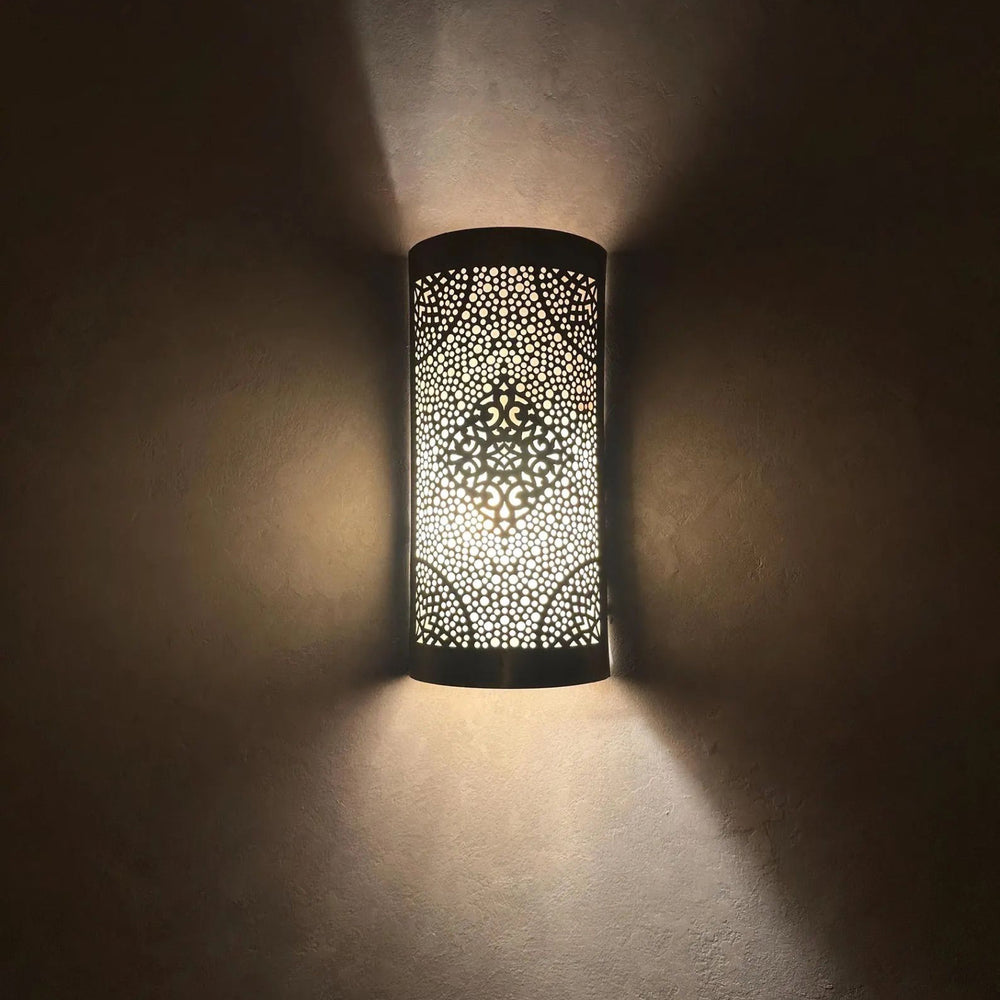 Handcrafted Cylindrical Brass Wall Sconce – Moroccan Filigree Light - Northgrove Partners