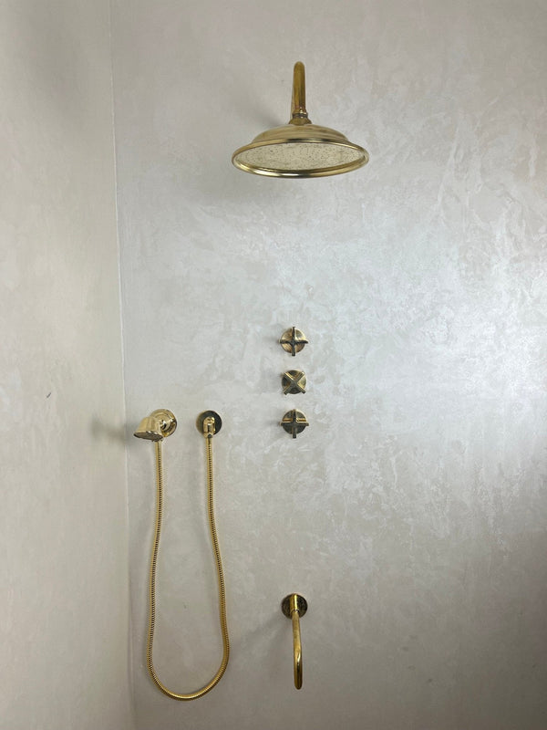 Unlacquered Brass Shower Set — Showerhead, Handheld & Tub Faucet