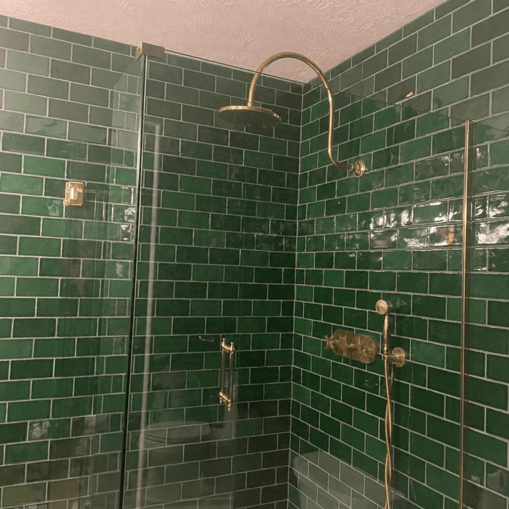 Unlacquered Brass Curved Shower System — Dome Showerhead - Northgrove Partners