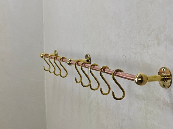 Unlacquered Brass Copper Pot Rail With S Hooks - Unlacquered Solid Brass