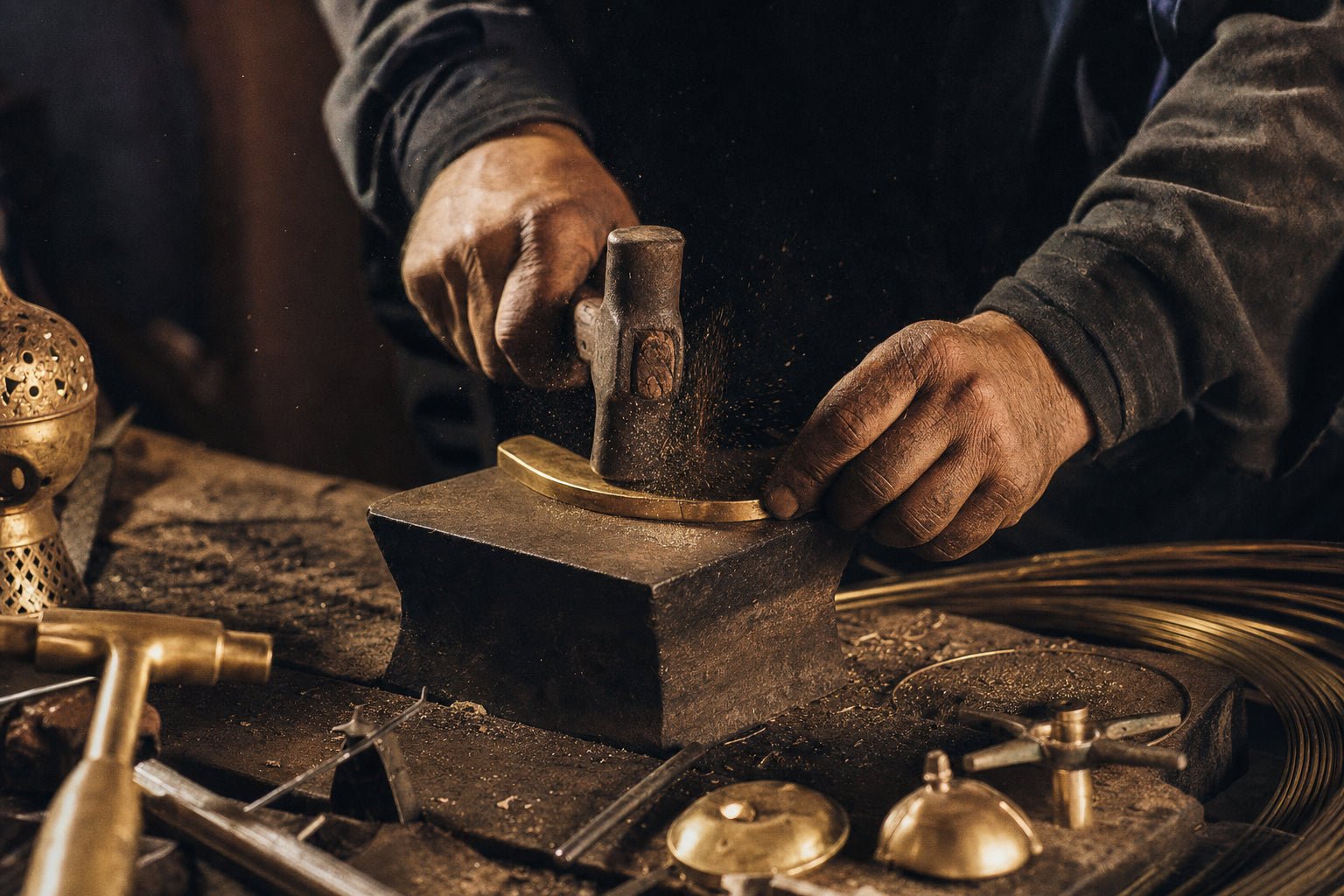 Artisan hands hammering brass in the Marrakech atelier
