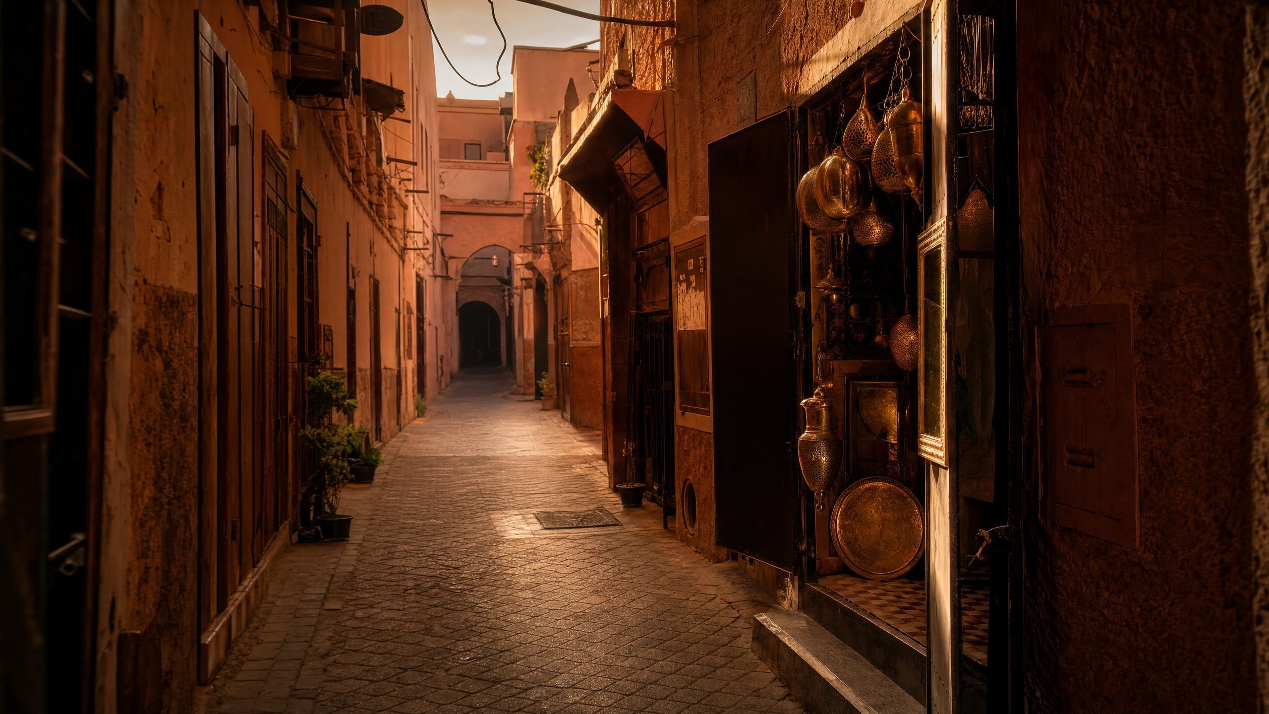 The narrow alleys of the Marrakech medina at golden hour